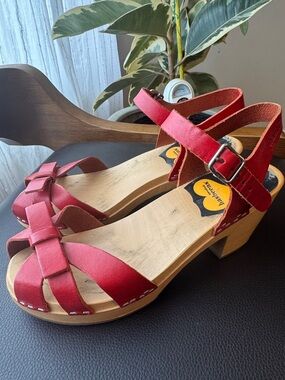 Swedish Hasbeens Red Leather Clog Sandals with Buckle Strap